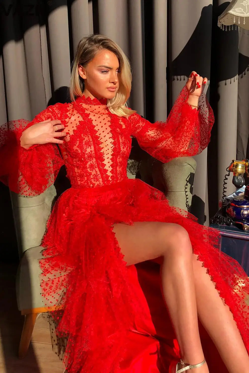 Lace Hollow Out A-Line Full Sleeve Red Party Dress