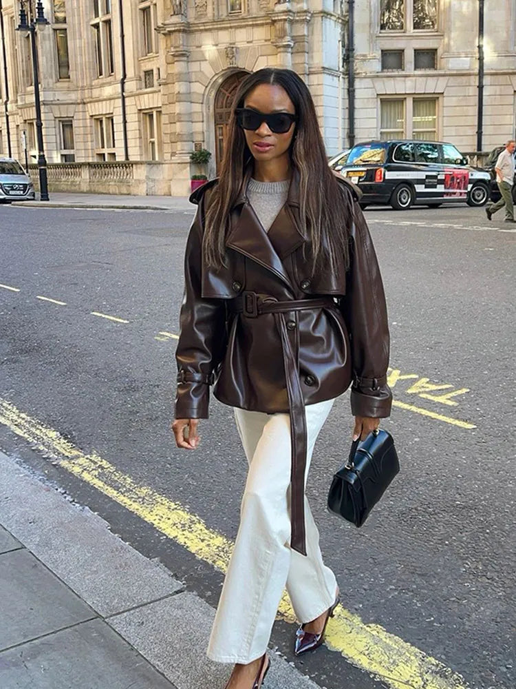 Classic Brown Button PU Coat