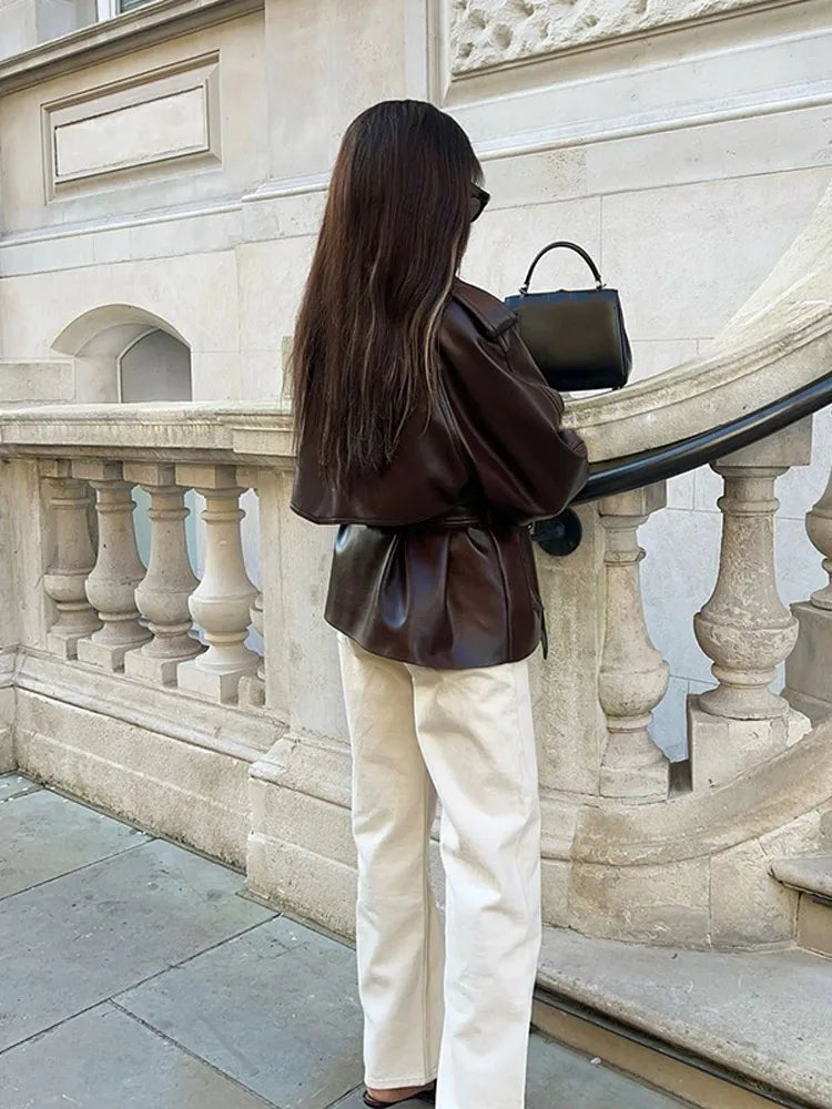 Classic Brown Button PU Coat