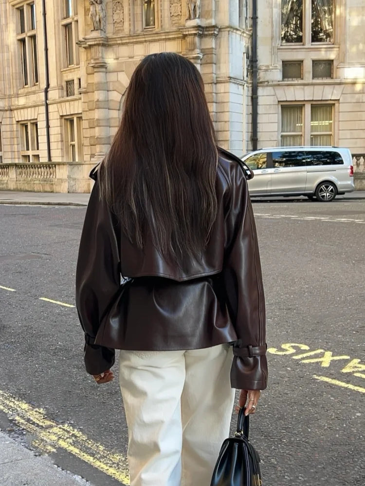 Classic Brown Button PU Coat
