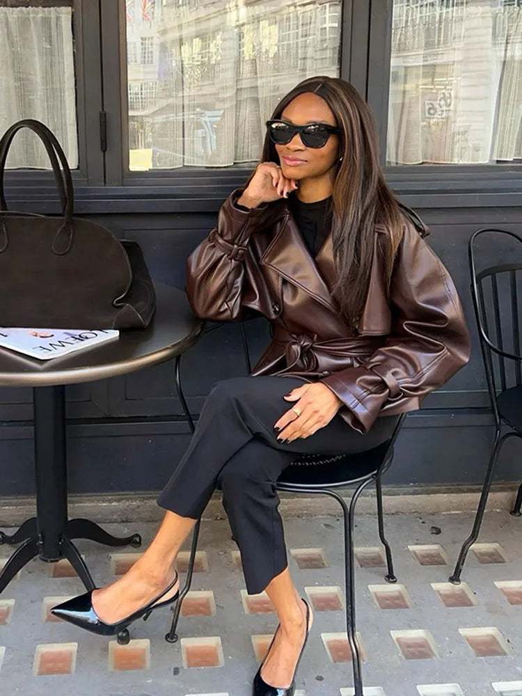 Classic Brown Button PU Coat