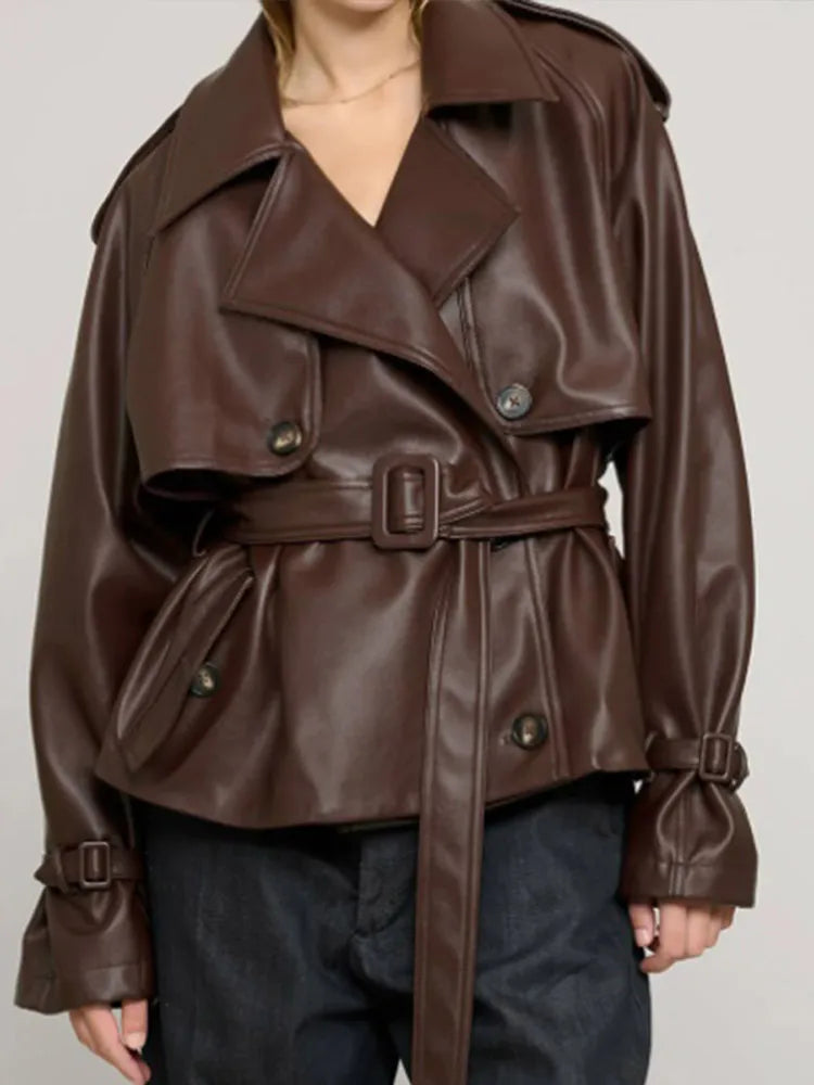 Classic Brown Button PU Coat
