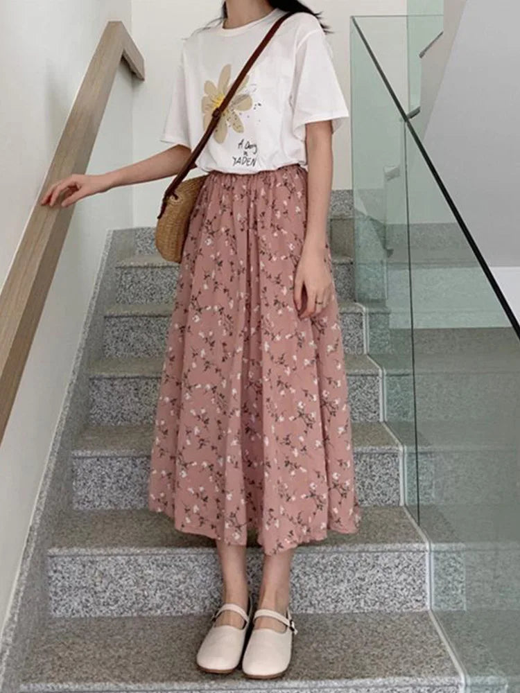 Vintage A-line Pleated Drawstring Elastic Midi Skirt