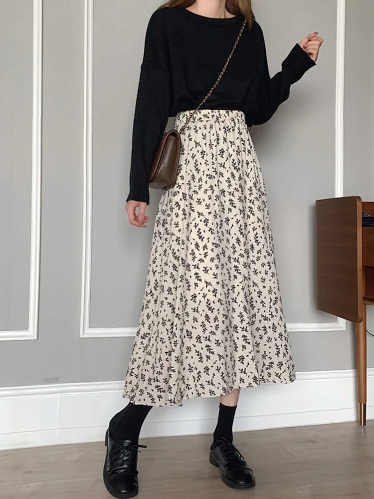 Vintage A-line Pleated Drawstring Elastic Midi Skirt