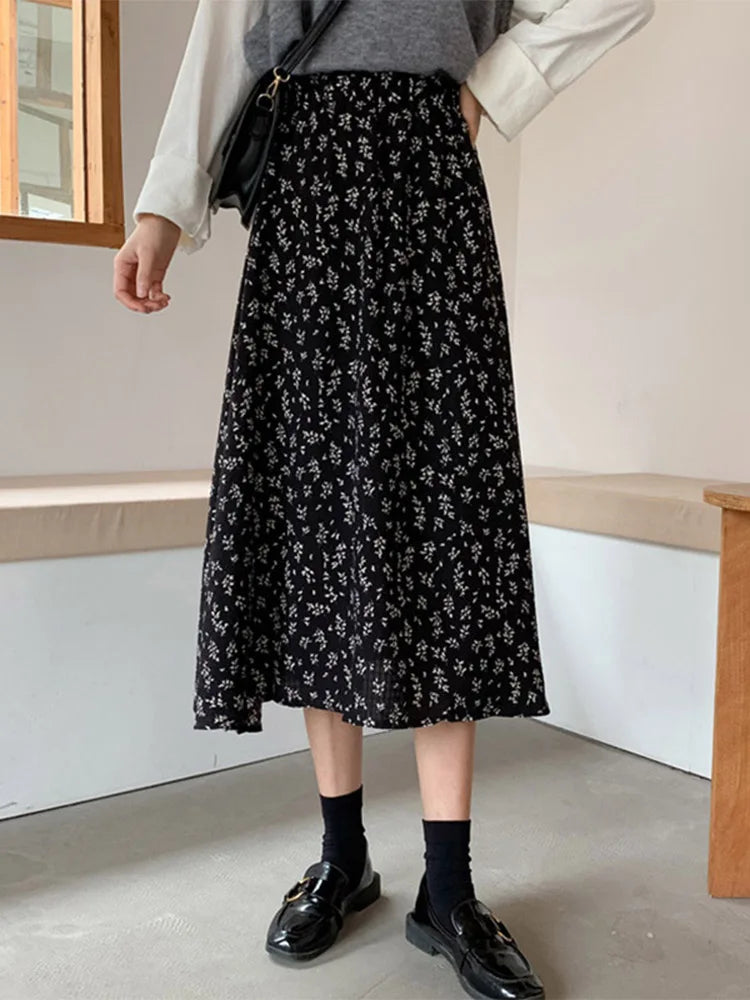 Vintage A-line Pleated Drawstring Elastic Midi Skirt