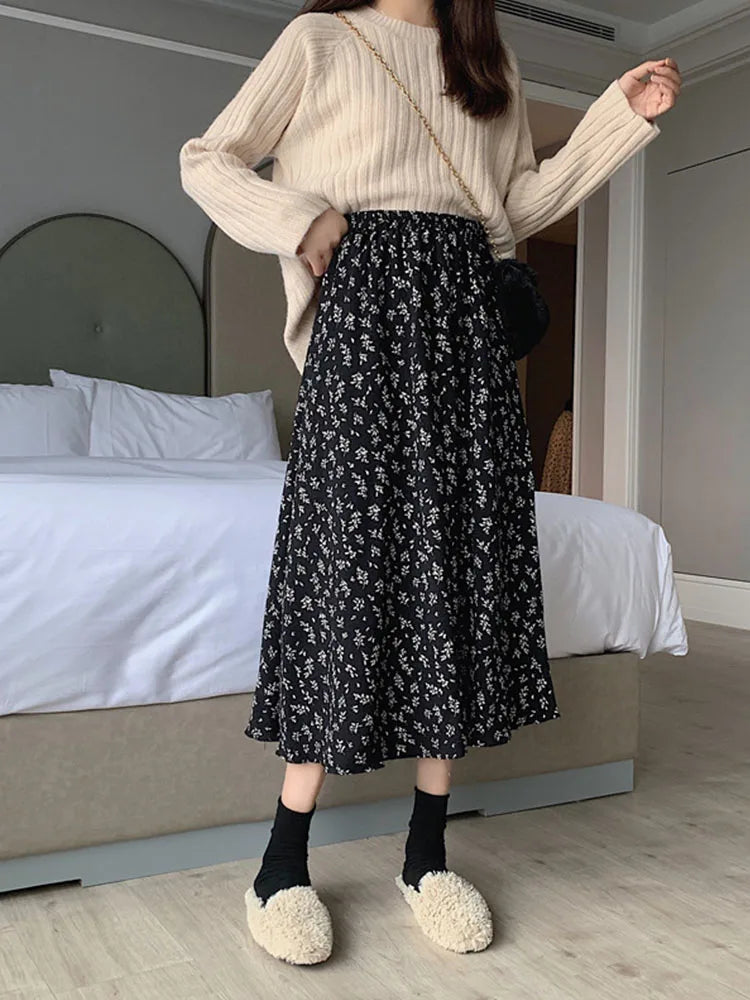 Vintage A-line Pleated Drawstring Elastic Midi Skirt