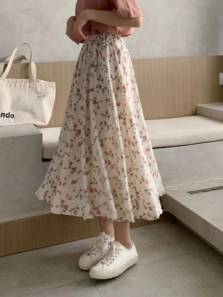 Vintage A-line Pleated Drawstring Elastic Midi Skirt