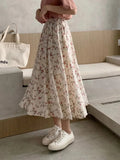 Vintage A-line Pleated Drawstring Elastic Midi Skirt