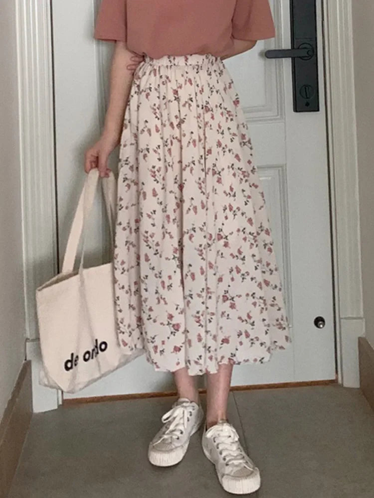 Vintage A-line Pleated Drawstring Elastic Midi Skirt