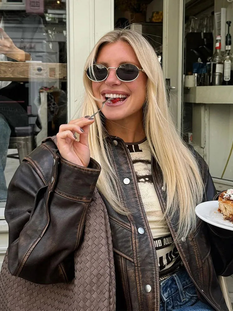 Brown Short Lapel Leather Coat