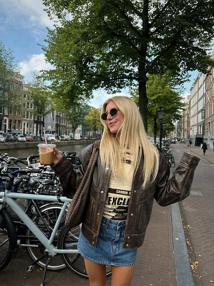 Brown Short Lapel Leather Coat