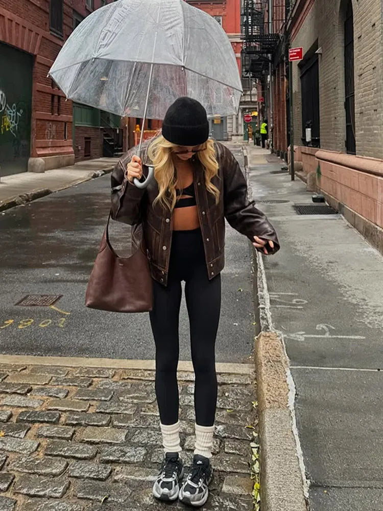 Brown Short Lapel Leather Coat