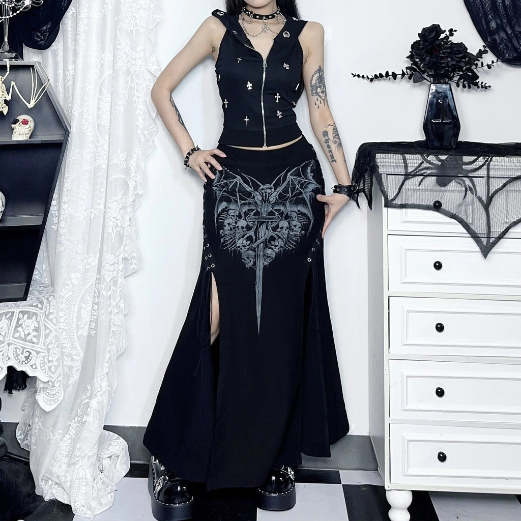 High Waist Mermaid Gothic Print High-Slit Maxi Dress