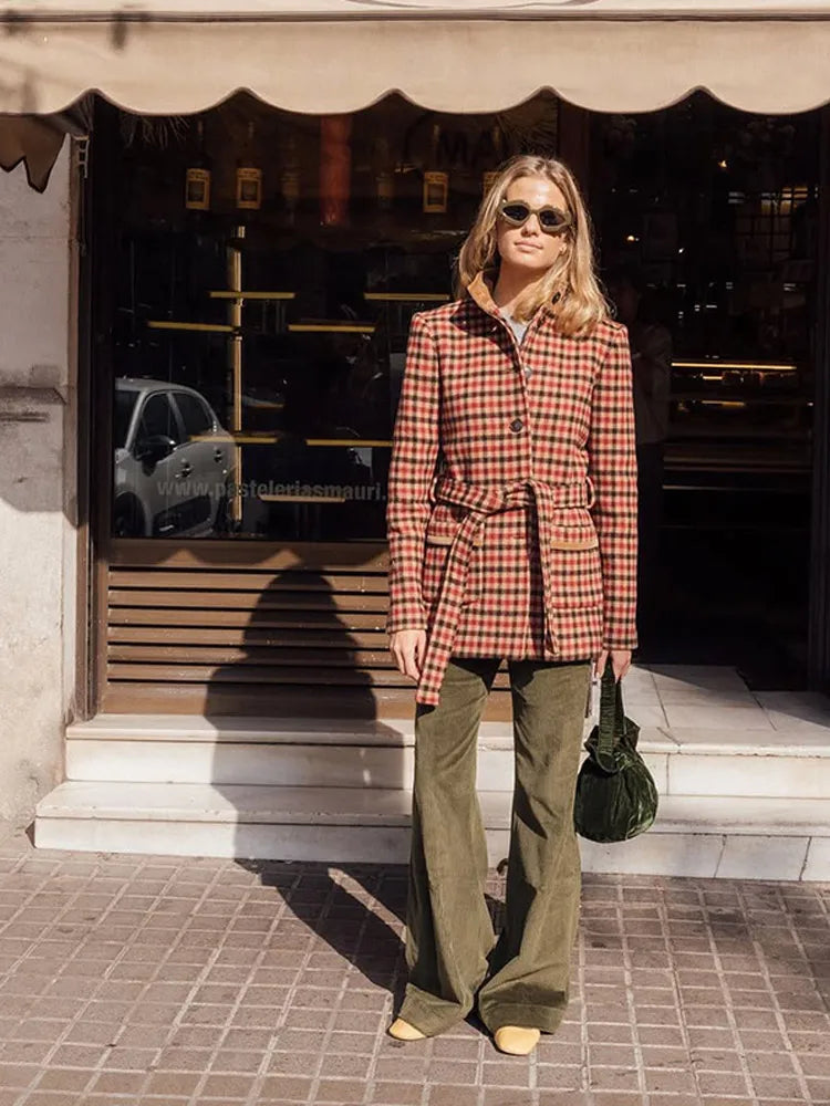 Red Checked Wool Coat with Belt