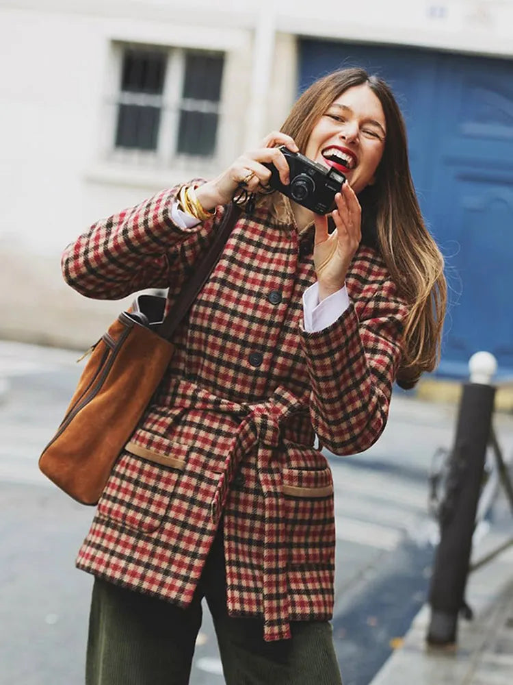 Red Checked Wool Coat with Belt