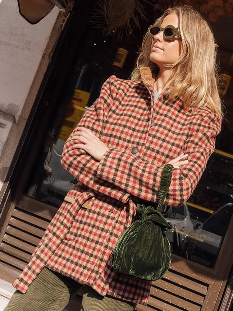 Red Checked Wool Coat with Belt