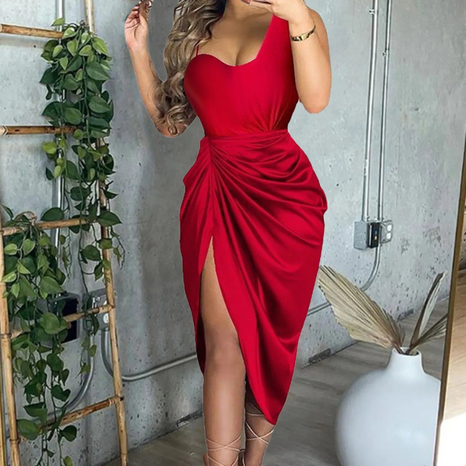 One Shoulder Side Slit Party Midi Dress
