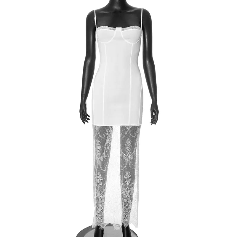 White Lace Patchwork Sleeveless Slim Maxi Dress