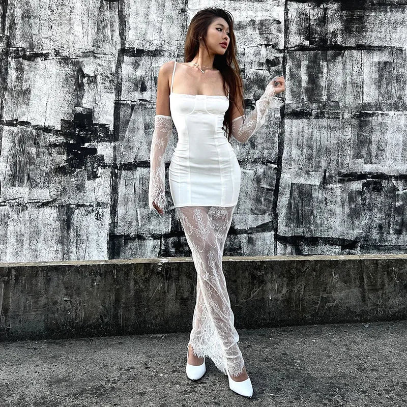 White Lace Patchwork Sleeveless Slim Maxi Dress
