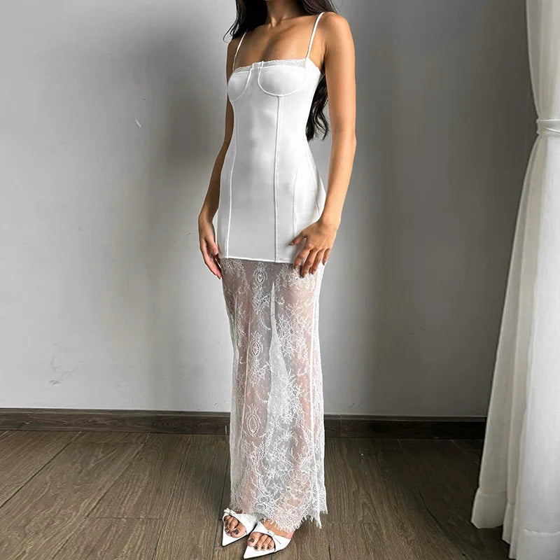 White Lace Patchwork Sleeveless Slim Maxi Dress