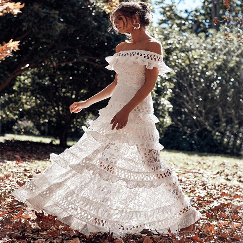 White Lace Off Shoulder Ruffled Midi Dress