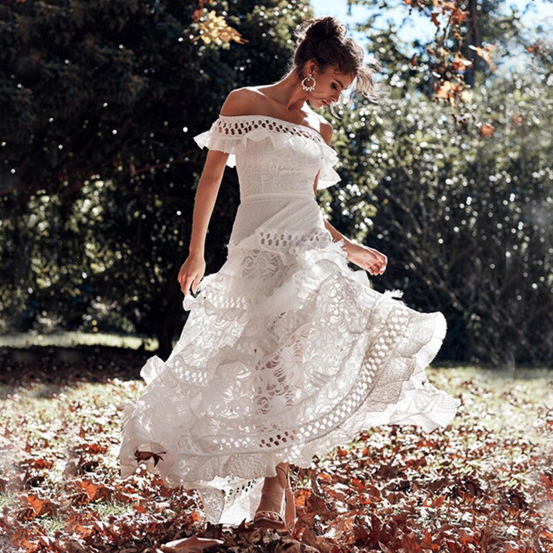 White Lace Off Shoulder Ruffled Midi Dress