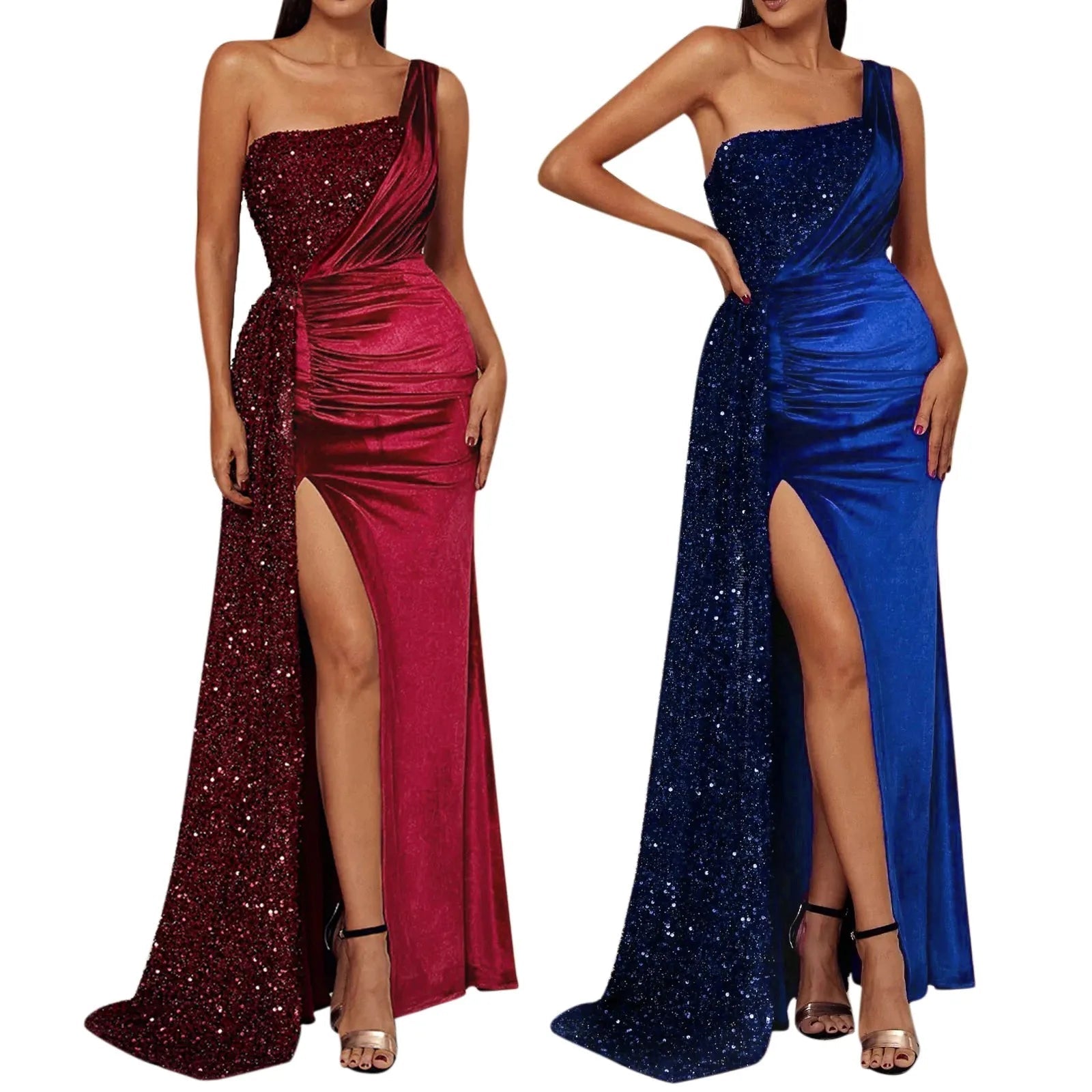 One Shoulder Draped Split Long Formal Party Dress