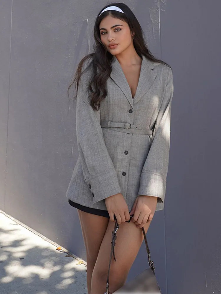 Plain Suit Coat with Belt Lapel Coat