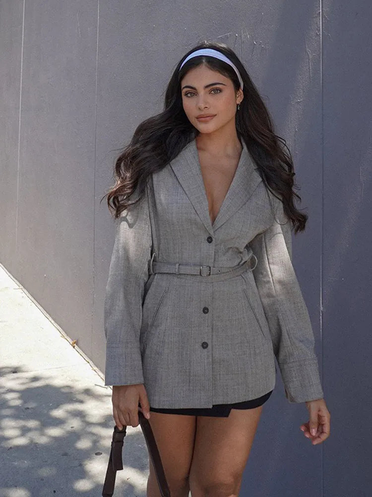 Plain Suit Coat with Belt Lapel Coat