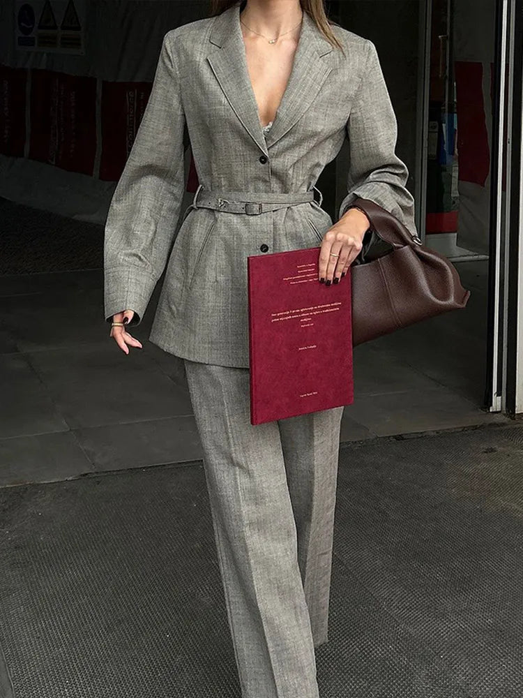 Plain Suit Coat with Belt Lapel Coat