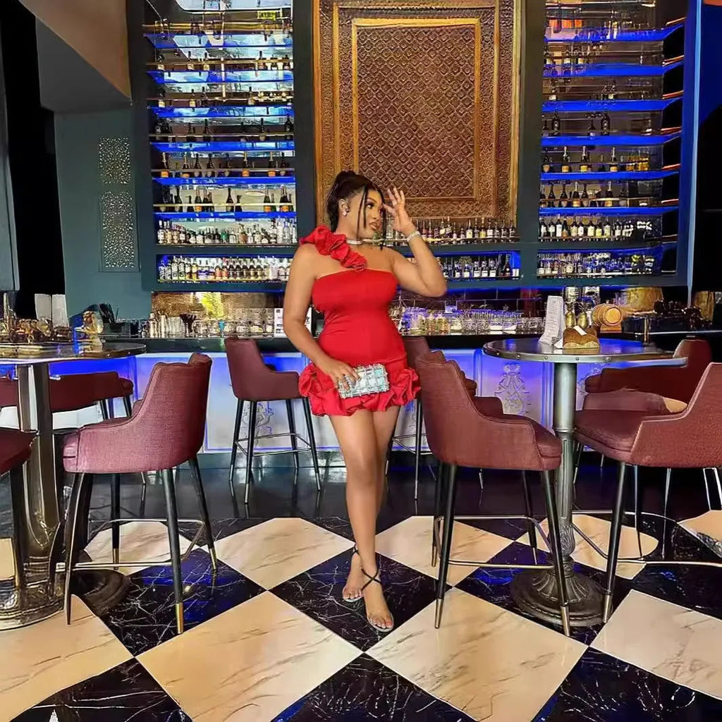 Red A Line Backless One Shoulder Mini Dress