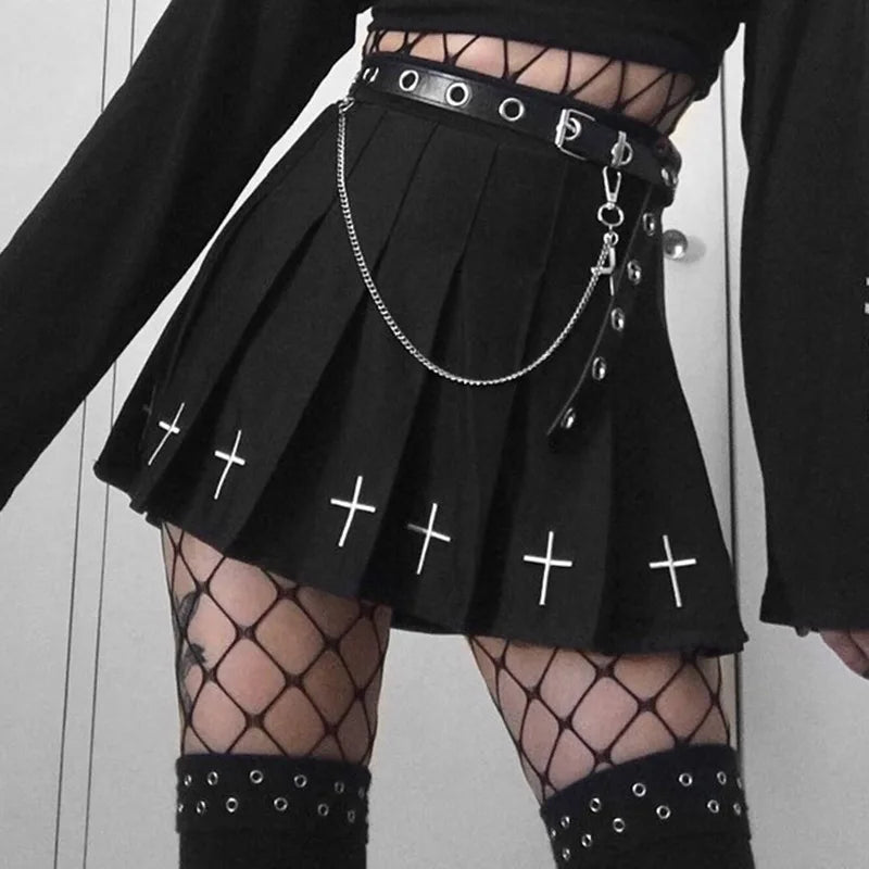 Gothic Cross Pleated Dark Style Mini Dress