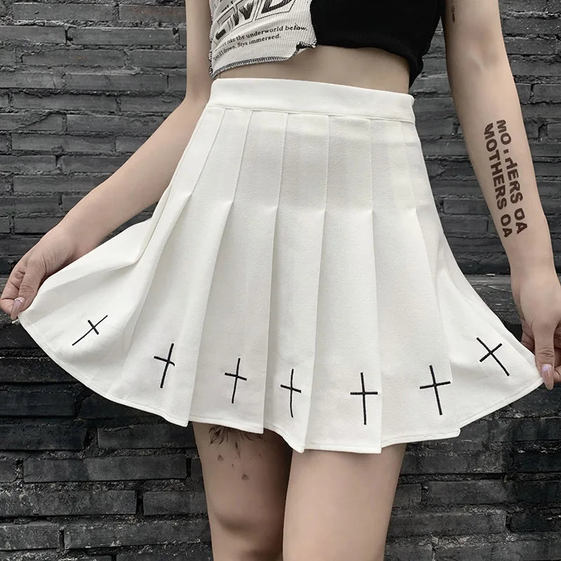 Gothic Cross Pleated Dark Style Mini Dress
