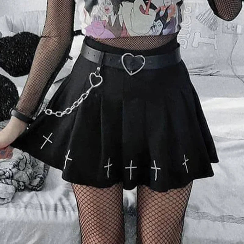 Gothic Cross Pleated Dark Style Mini Dress