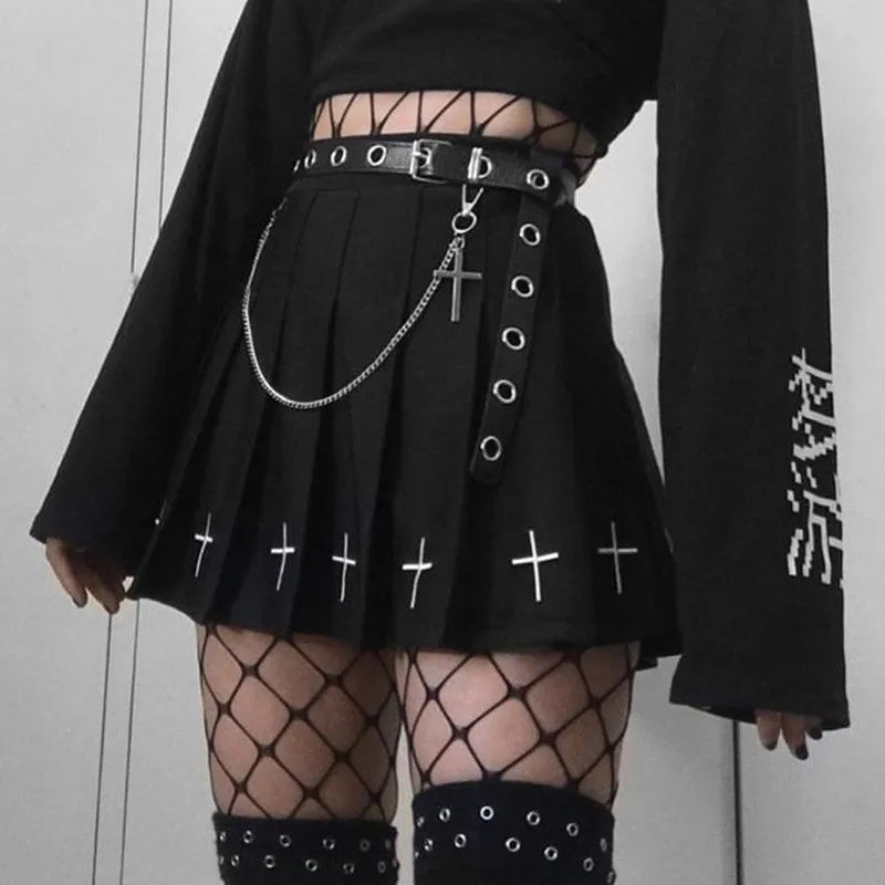 Gothic Cross Pleated Dark Style Mini Dress