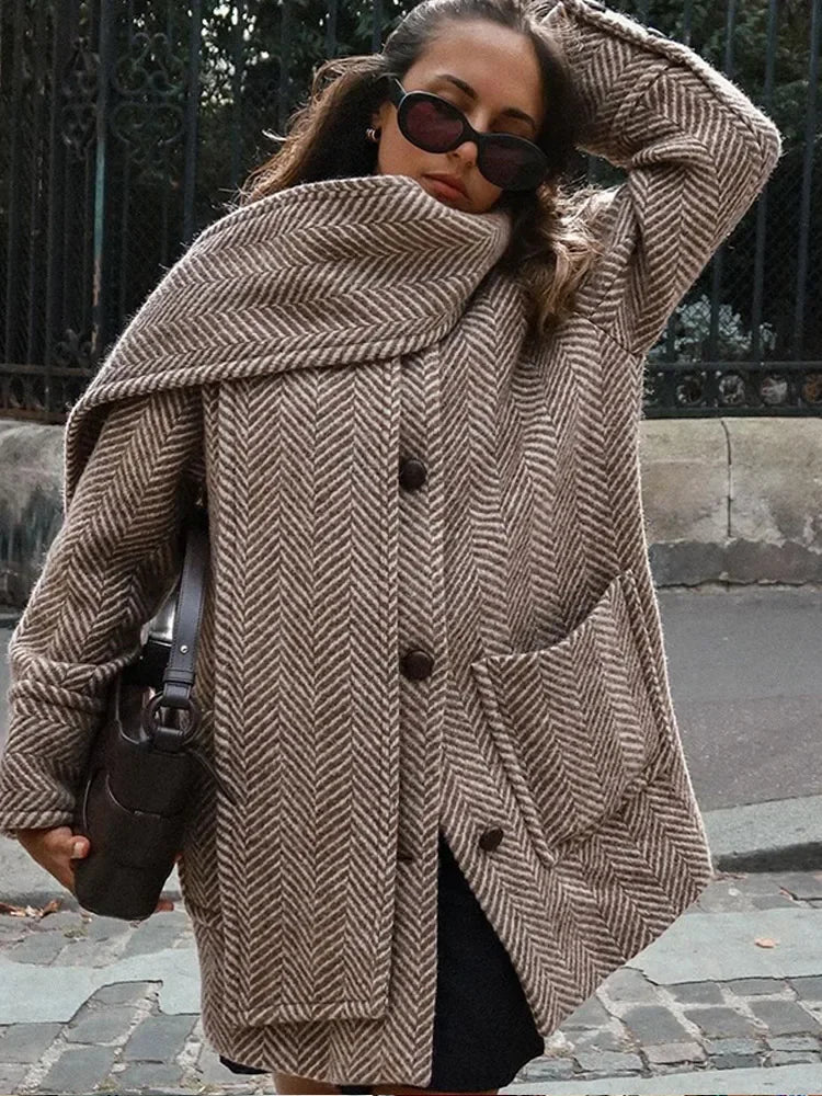 Patterned Scarf Collar Wool Coat