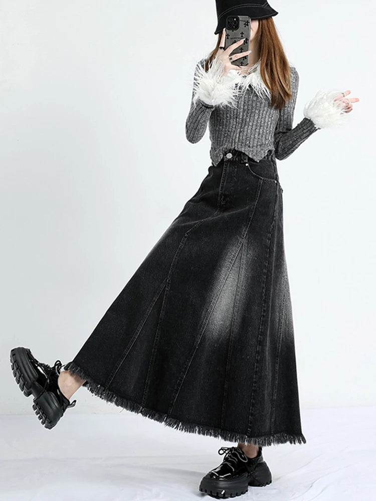 Y2K Harajuku A-line Vintage Denim Long Skirt