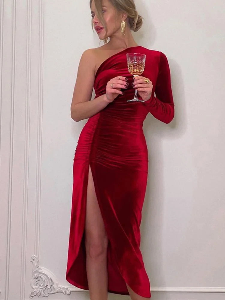 Velvet Bodycon Split Pencil Midi Party Dress