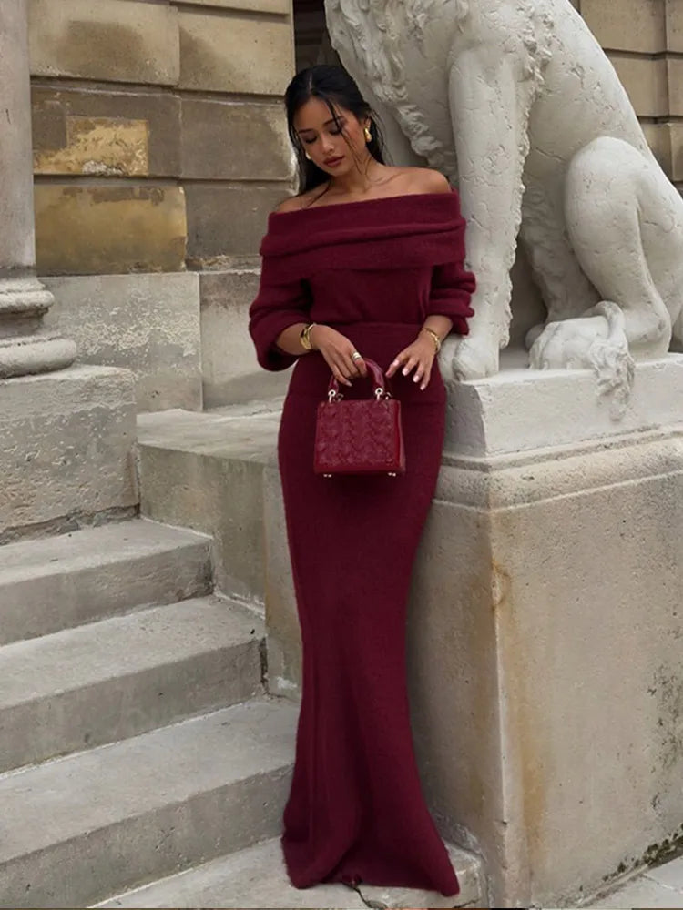 Fold Knit Long Sleeve Slim Red Party Dress