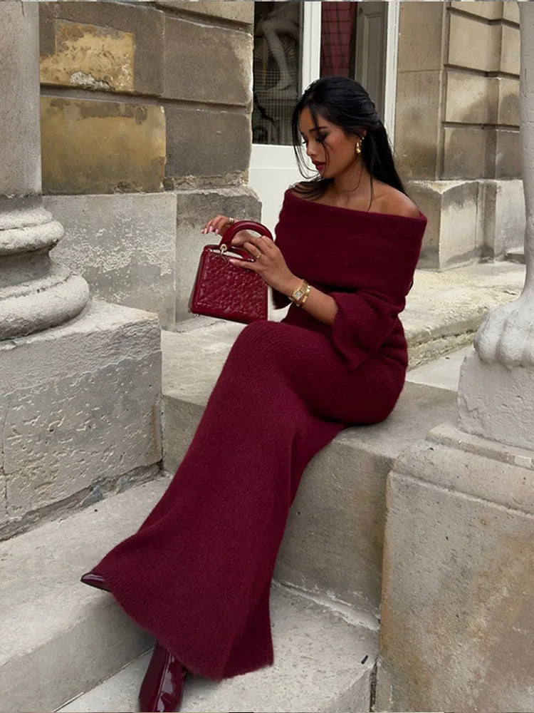 Fold Knit Long Sleeve Slim Red Party Dress