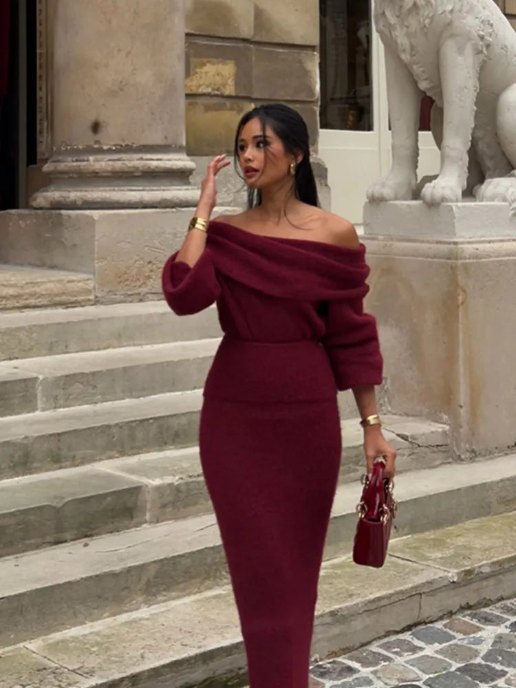 Fold Knit Long Sleeve Slim Red Party Dress