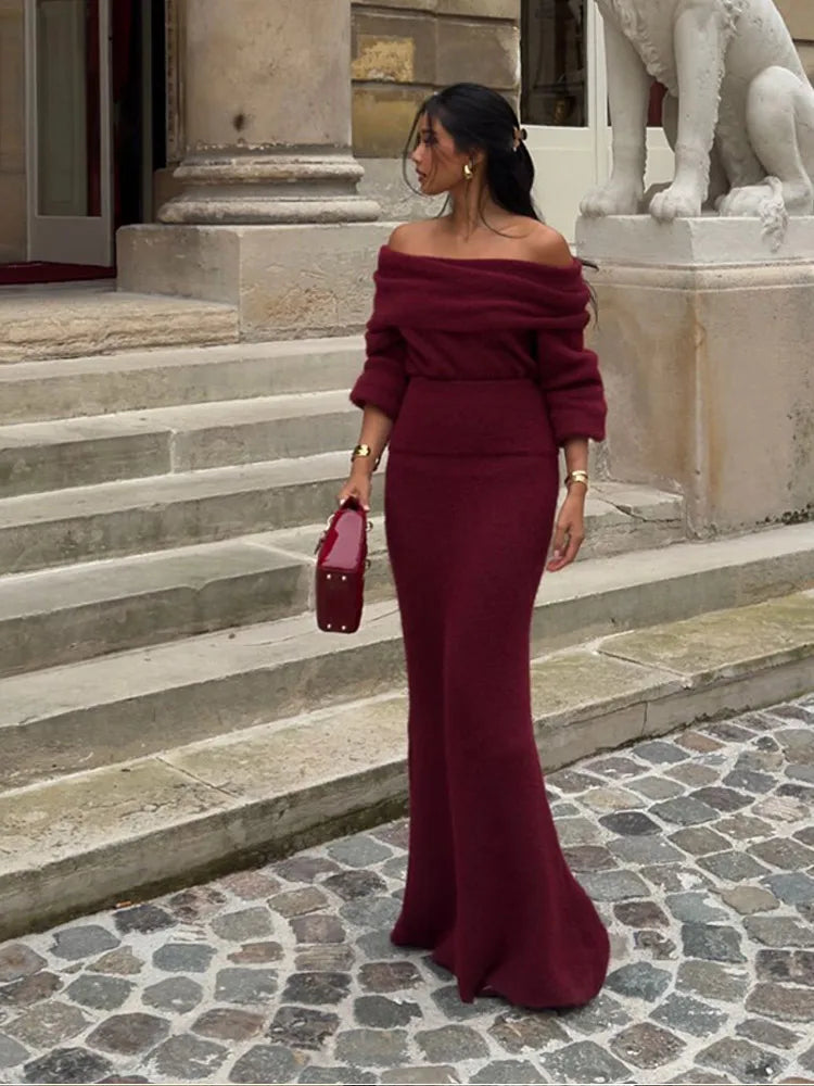 Fold Knit Long Sleeve Slim Red Party Dress