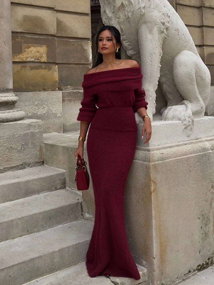 Fold Knit Long Sleeve Slim Red Party Dress