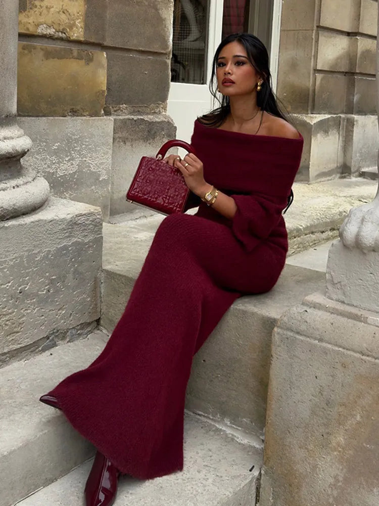 Fold Knit Long Sleeve Slim Red Party Dress