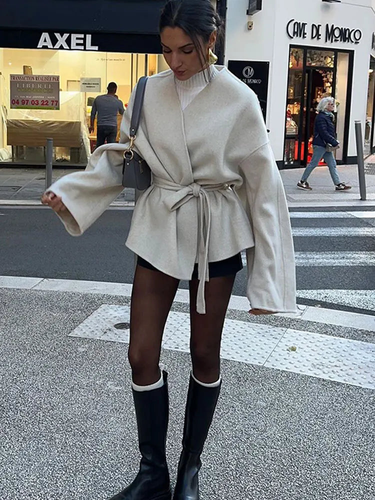 Plain V-neck Tie-up Coat