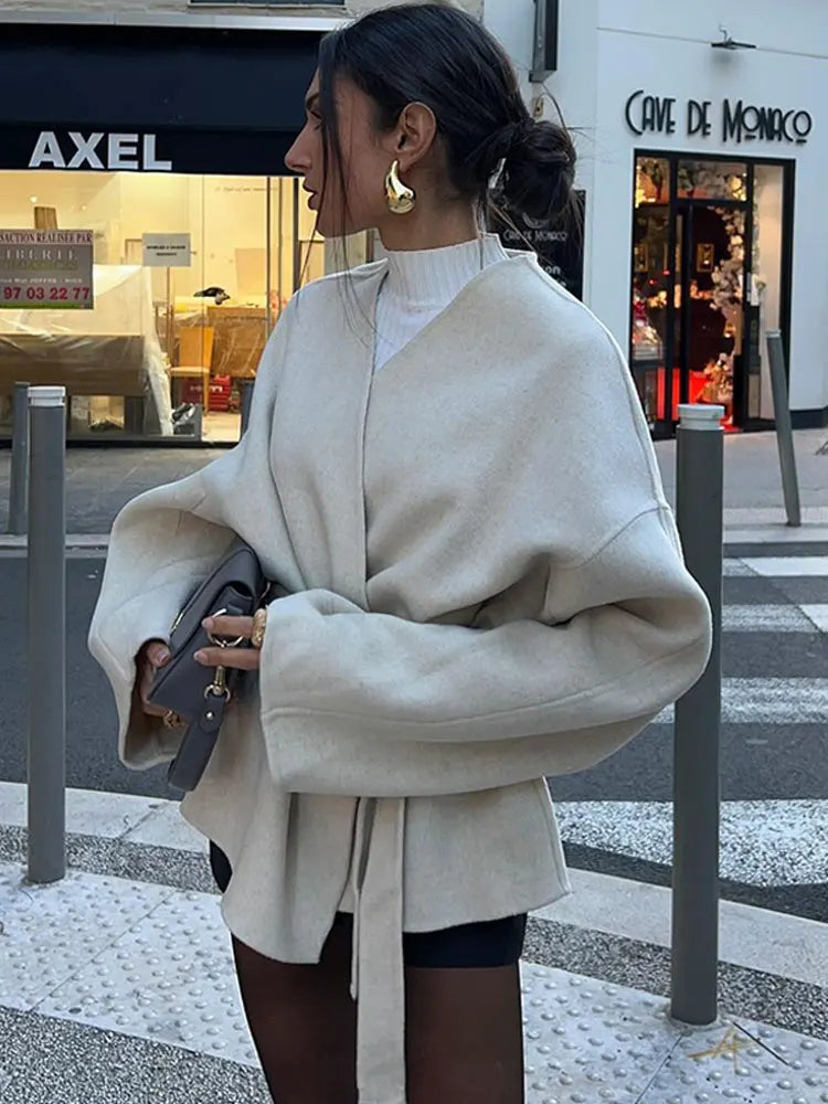 Plain Tie-up V-neck Coat