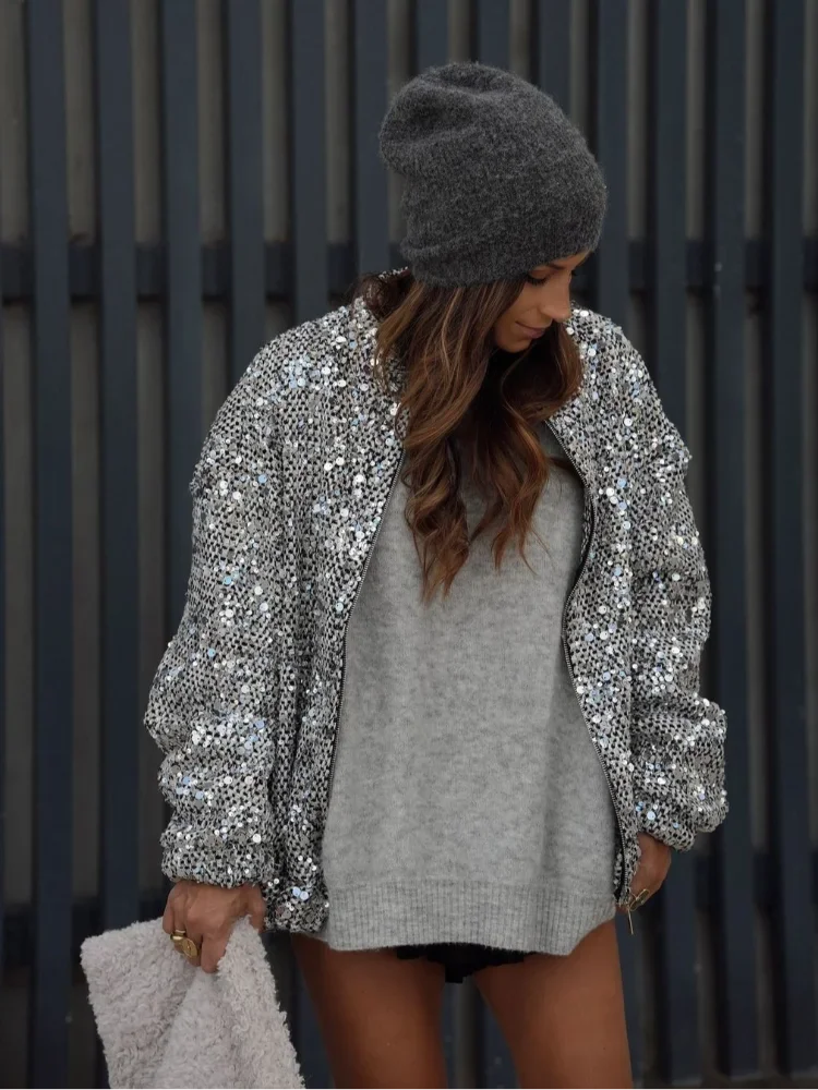 Silver Sequin Patchwork Bomber Coat