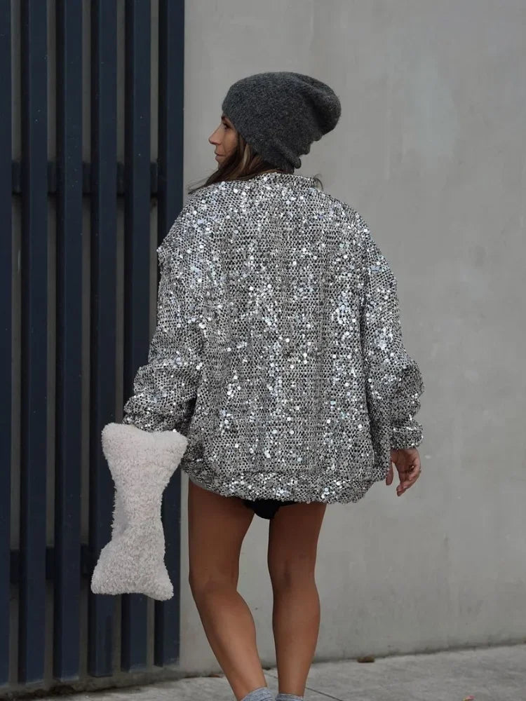 Silver Sequin Patchwork Bomber Coat