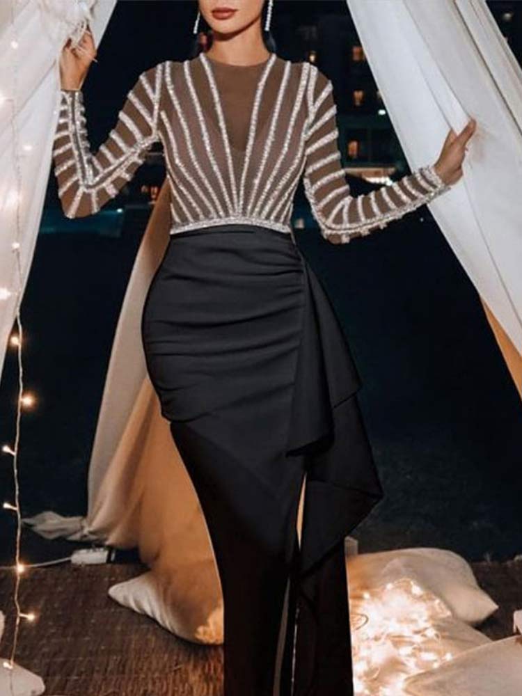 Sequin Lace Embroidered Irregular Maxi Dress