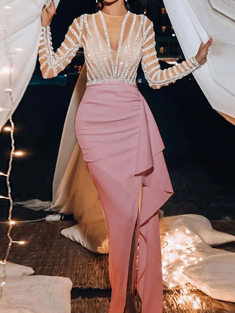 Sequin Lace Embroidered Irregular Maxi Dress